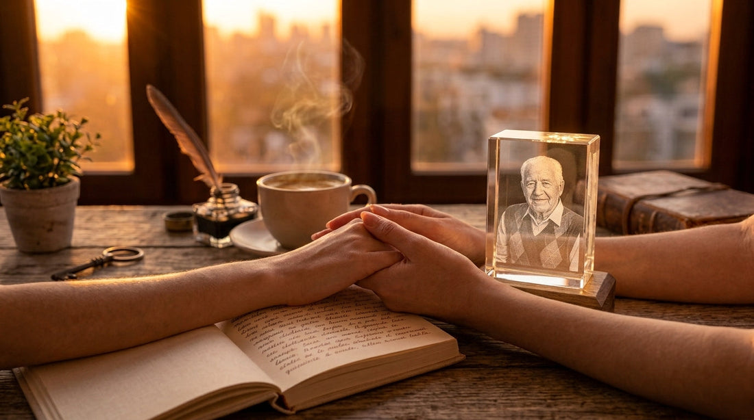 Manos tomadas sobre la mesa junto a un cubo de cristal con foto grabada, consuelo por la pérdida de un ser querido