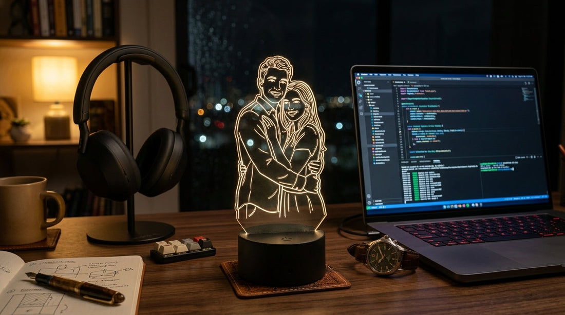 Lámpara LED personalizada con foto de pareja sobre un escritorio, regalo para mi novio