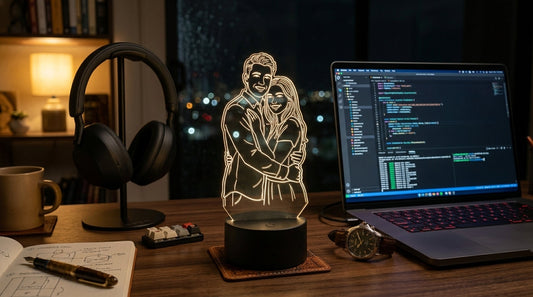Lámpara LED personalizada con foto de pareja sobre un escritorio, regalo para mi novio