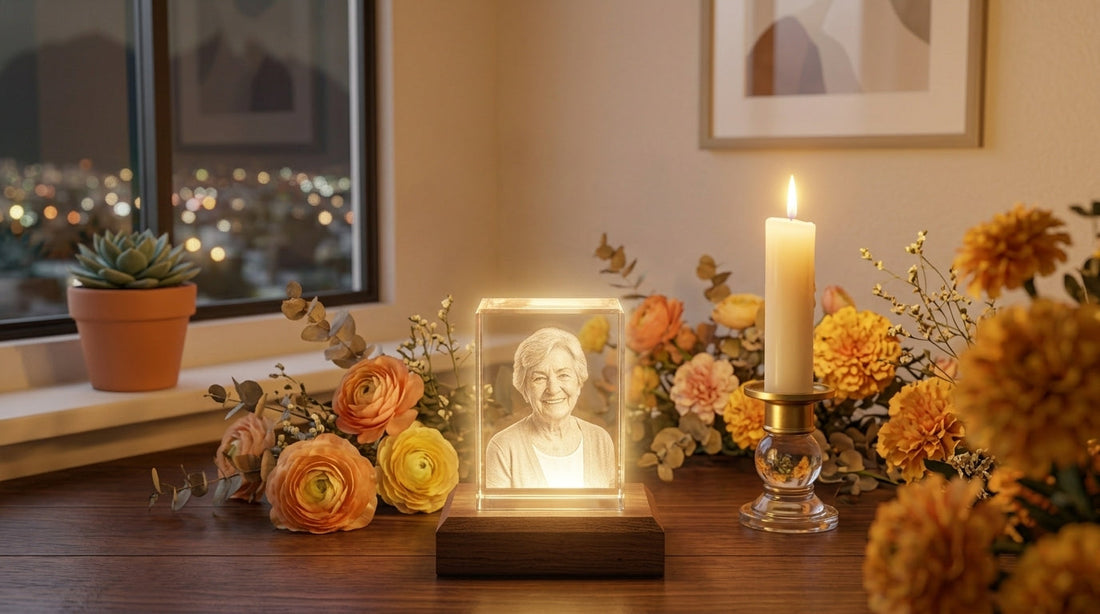 Cubo de cristal iluminado con la foto de una abuela, vela y flores para recordar a un ser querido fallecido