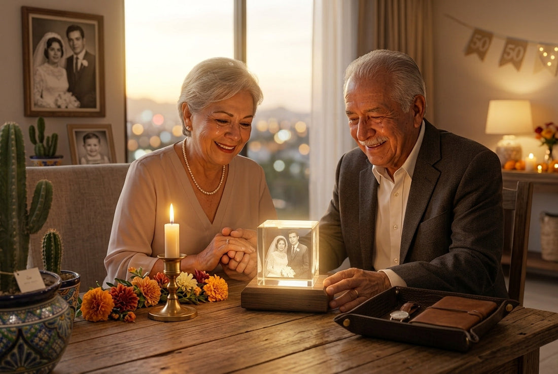 Pareja de adultos mayores celebrando su aniversario de bodas con un cubo de cristal iluminado con la foto de su boda grabada