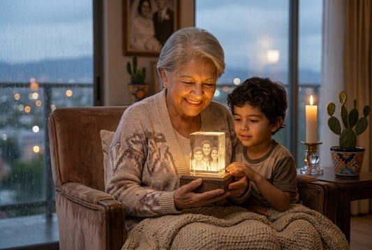 Abuela con su nieto sosteniendo un cubo de cristal iluminado con la foto de sus nietos grabada