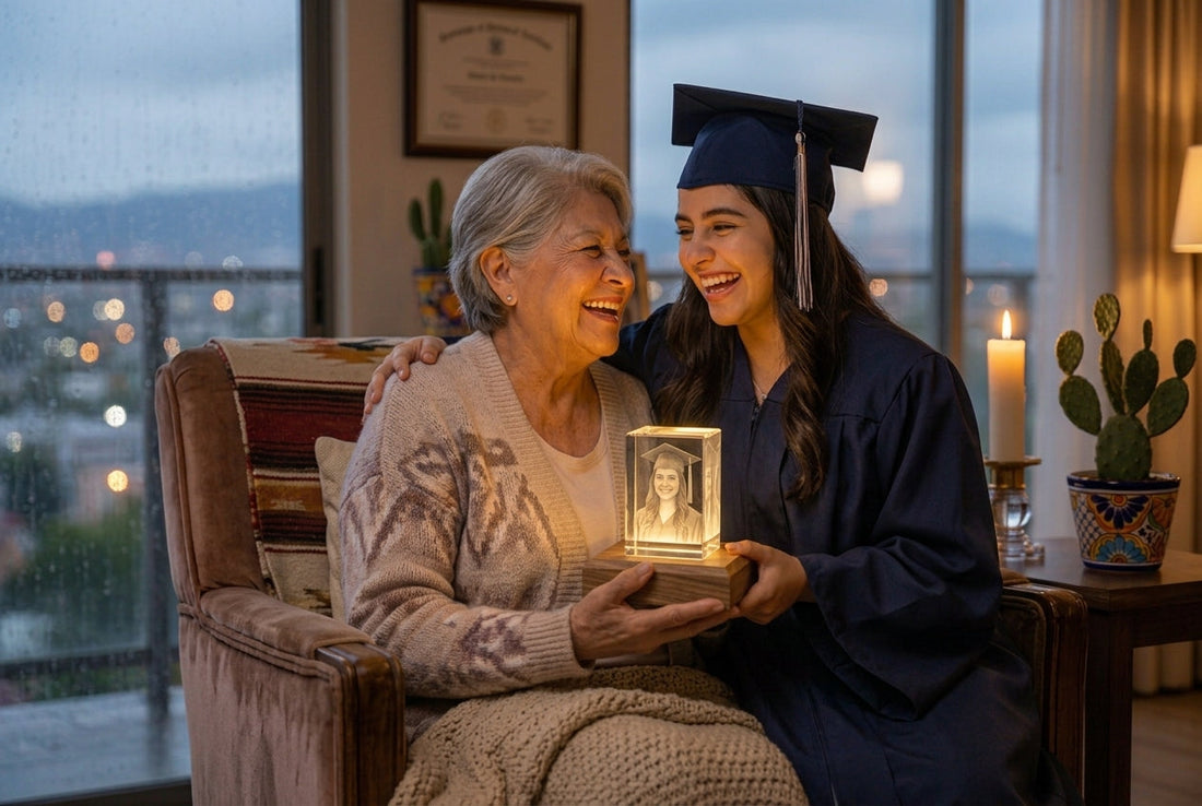 Joven graduada con toga y birrete abrazando a su abuela, que sostiene un cubo de cristal con su foto de graduación grabada