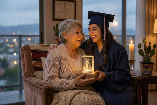 Joven graduada con toga y birrete abrazando a su abuela, que sostiene un cubo de cristal con su foto de graduación grabada