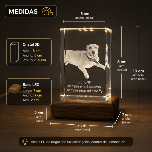 Cubo de cristal 3D con la foto de un perro grabada y una frase en su memoria