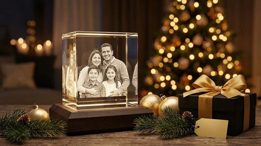 Cubo de cristal 3D con foto familiar grabada como regalo personalizado de Navidad