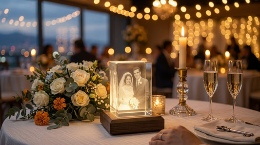 Cubo de cristal iluminado con la foto de unos novios grabada, sobre una mesa de boda con flores y copas