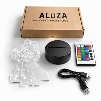Lámpara personalizada con su caja, base LED, control remoto y cable USB