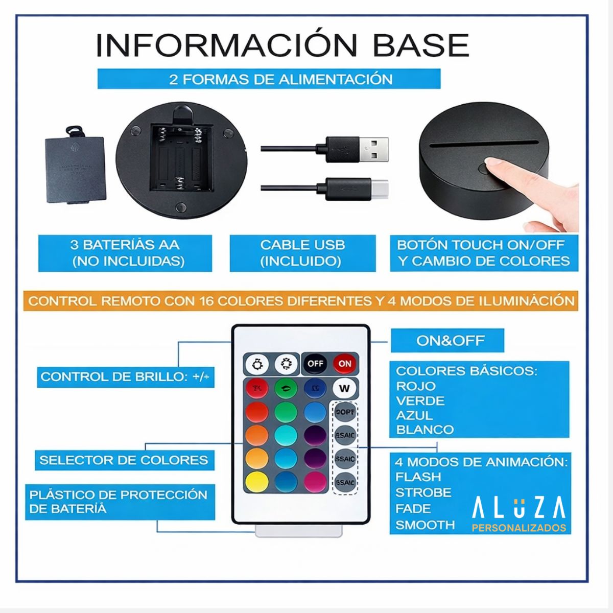 Base LED touch con control remoto de 16 colores y cable USB de la lámpara personalizada