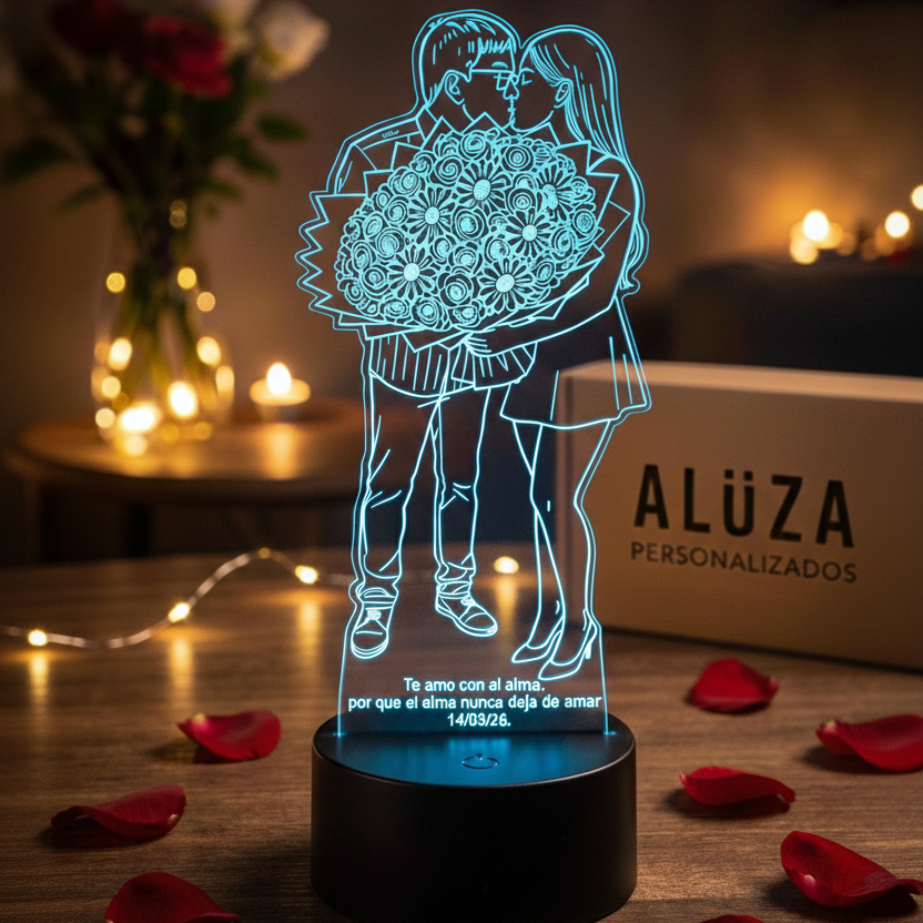 Lámpara LED personalizada encendida en un ambiente romántico