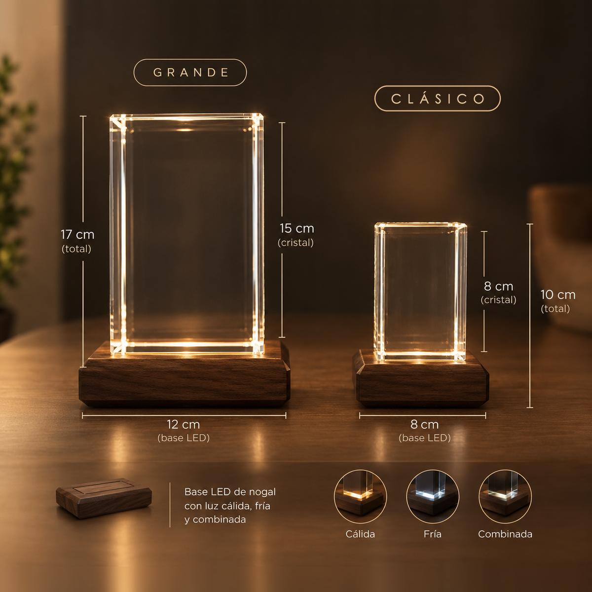 Comparativa de tamaños: cubo Grande de 17 cm (cristal 15 cm, base 12 cm) junto al Clásico de 10 cm (cristal 8 cm, base 8 cm) – tamaño Grande